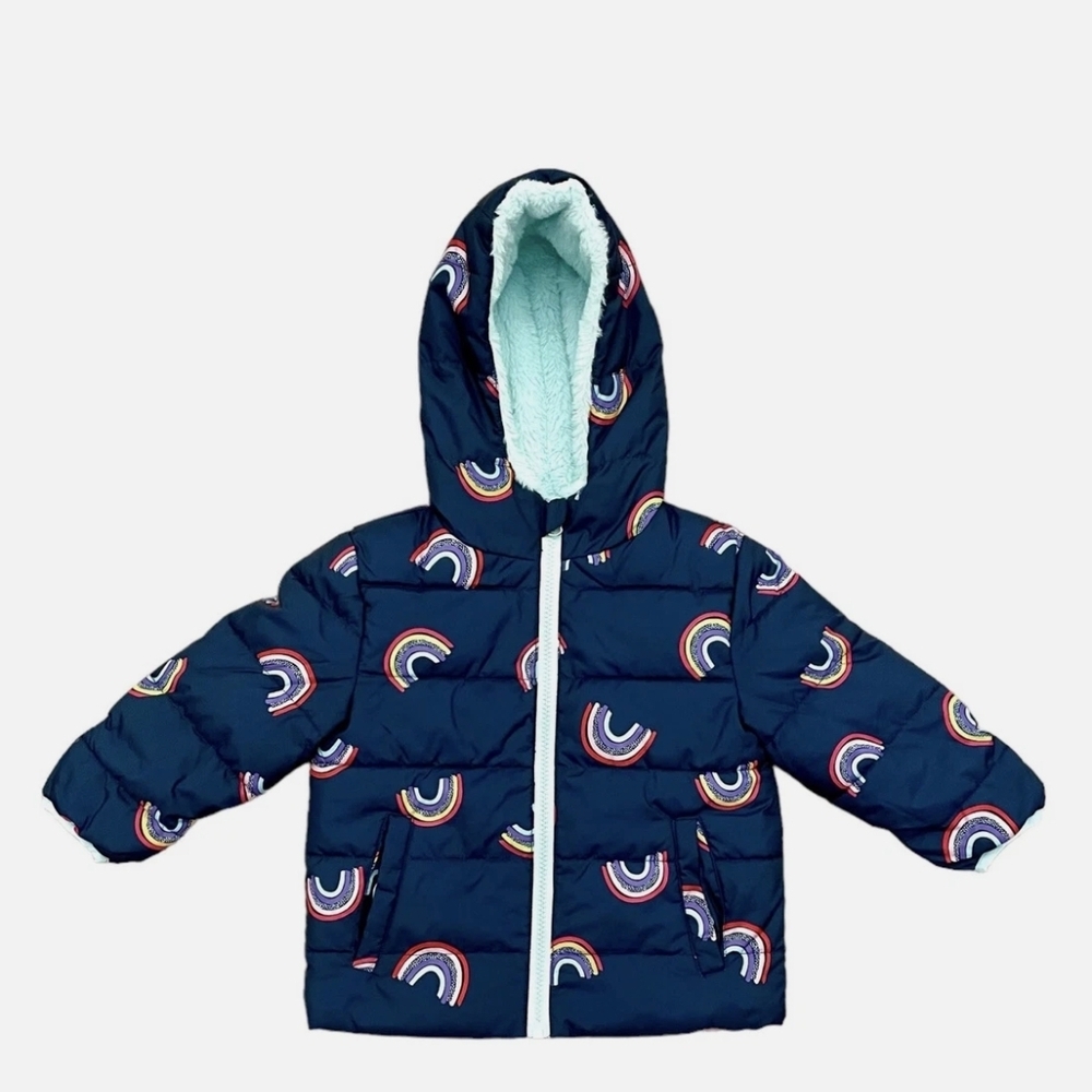 Swiss Tech Baby Puffer Coat 12M – Rainbow Print, Hooded, Fold-Over Mitten Cuffs